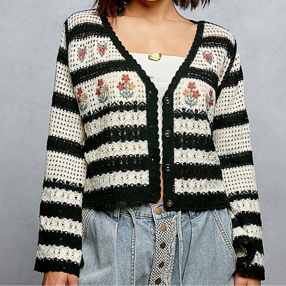 NEW POL Crochet Striped Cardigan Floral Embroidered Button Front Boho Top OS